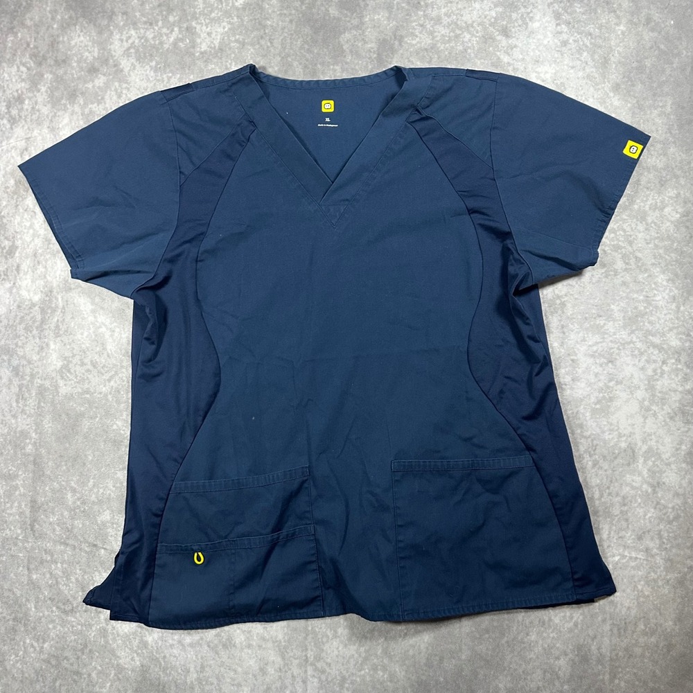 Scrubs Navy Blue V-Neck Scrub Top Womens XL Stretch Side Panels Pocket